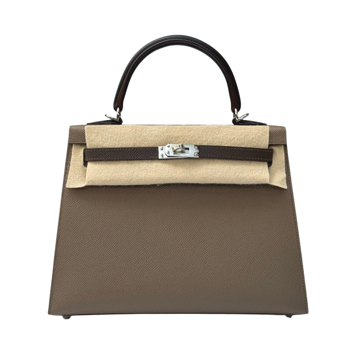 Hermès Kelly 25 Tricolor Etoupe/Ecorce/Black Epsom PHW