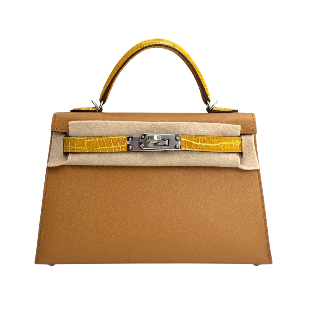 Hermès Kelly Mini SO Sesame/Jaune Ambre Veau, Alligator touch PHW